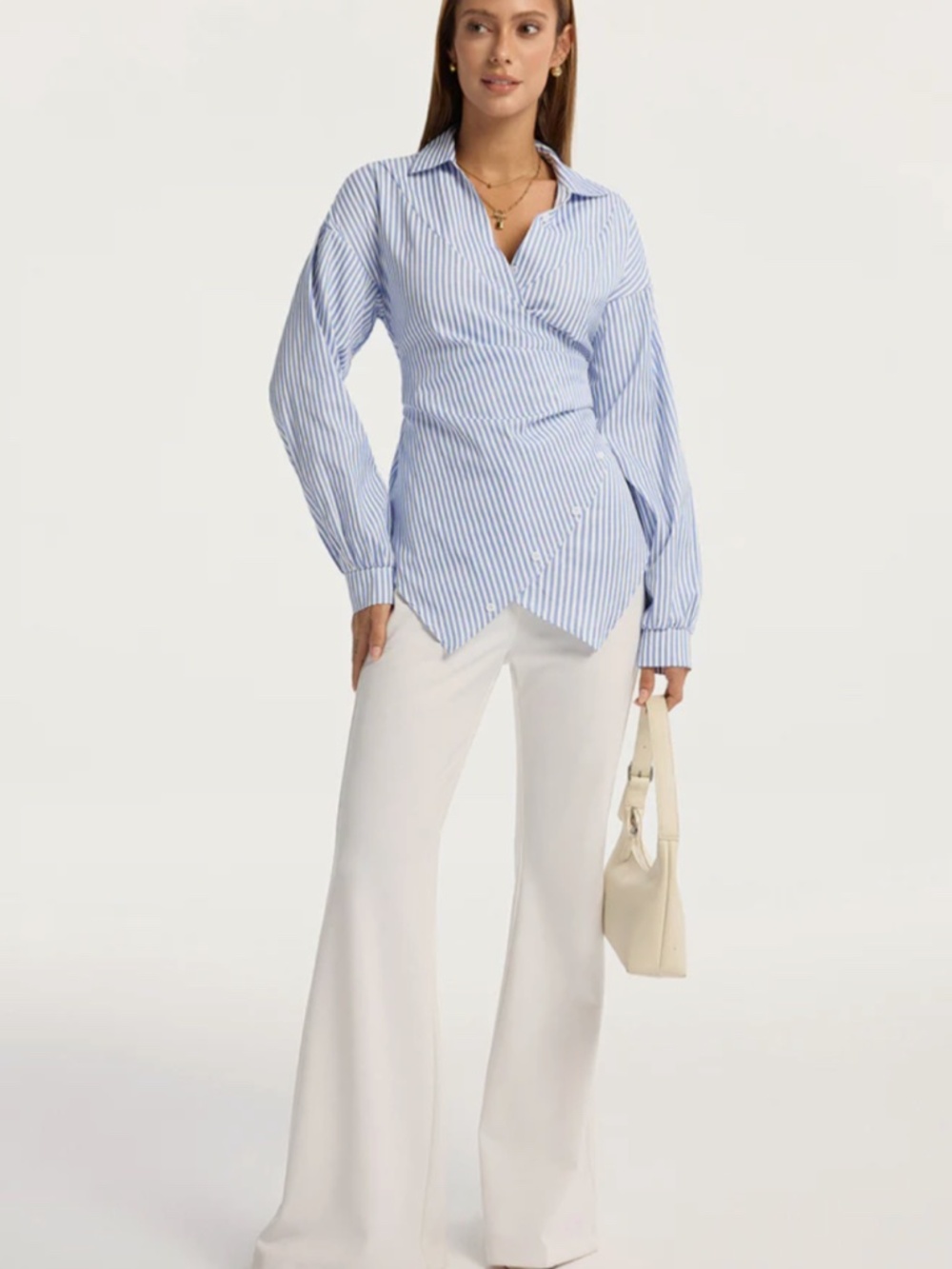 NEW Commense Striped Blue & White Blouse wrap look w/ bow tie back Medium - Picture 2 of 9